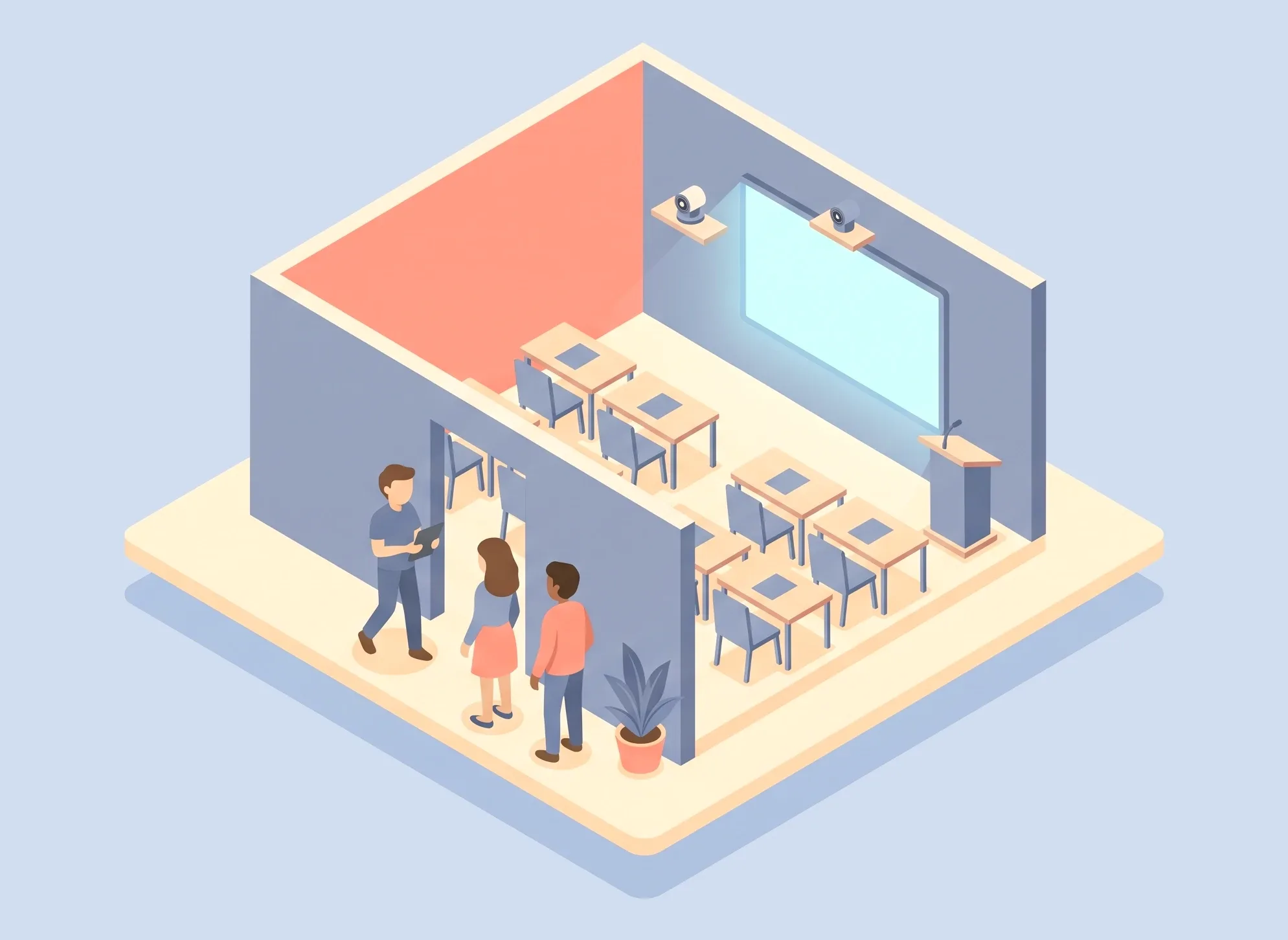 Illustration of a finished training room: a technician with a tablet walks two people in past rows of desks that face a lit wall display and a lectern.