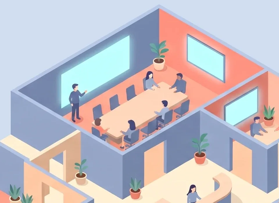 Illustration of a boardroom: a presenter at the wall display and a team around the long table.