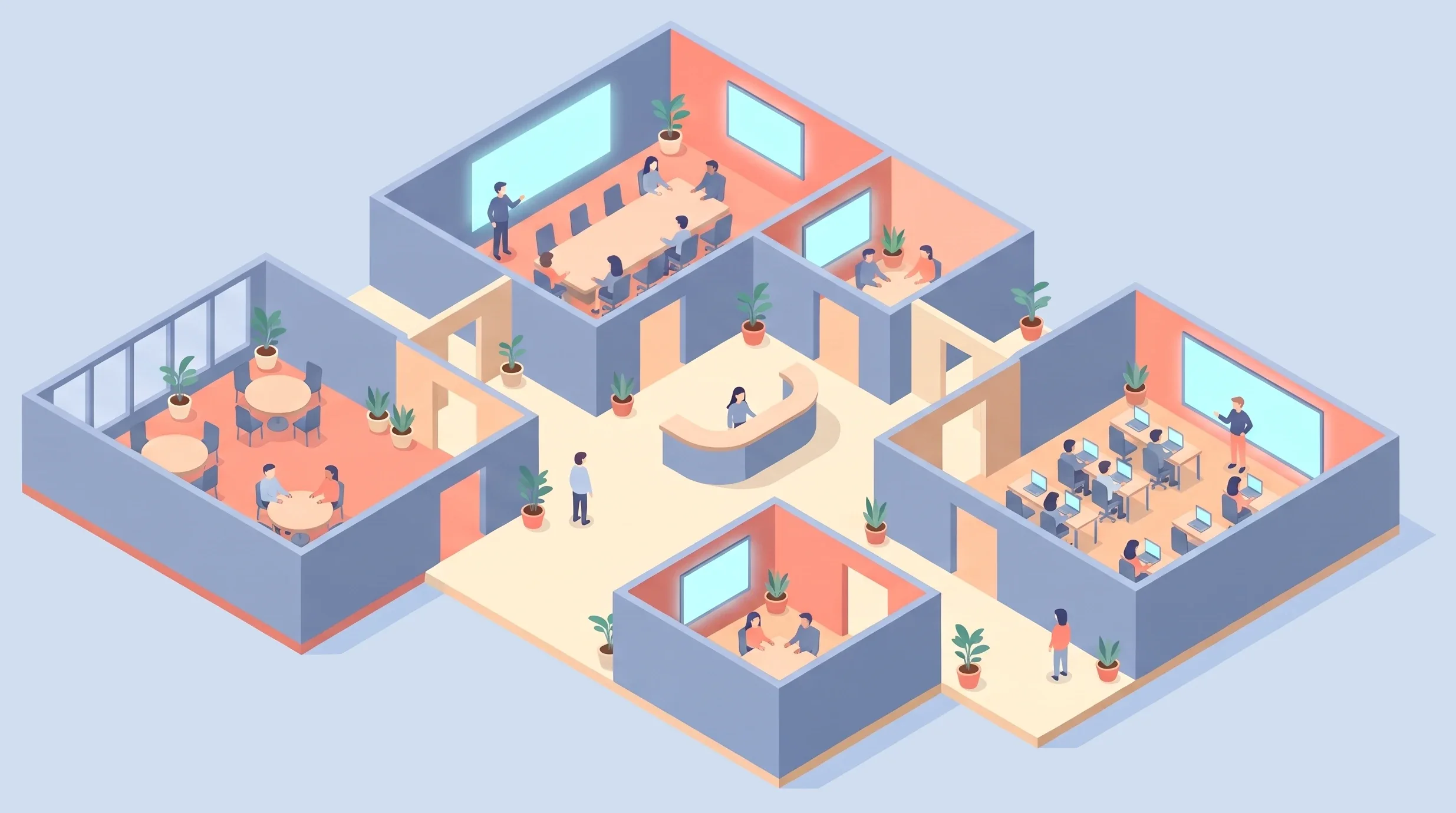Illustration of an office floor seen from above: a boardroom where a presenter stands at the wall display, huddle and team rooms with people at their tables, a training room with a trainer at a large display, an open collaboration area and a reception desk at the center.