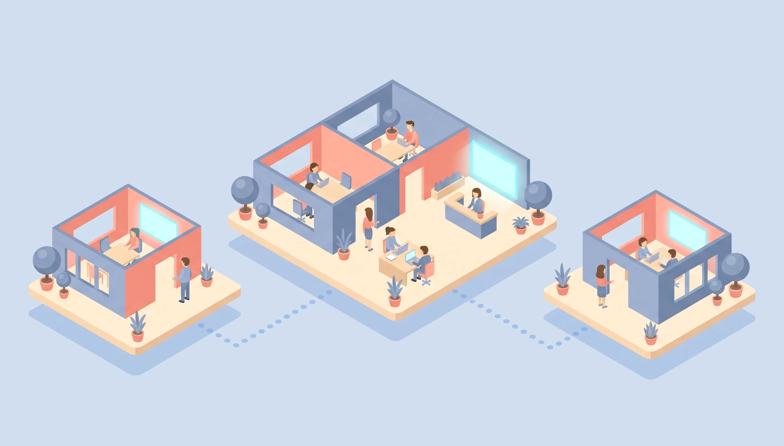 Illustration of three offices on floating platforms joined by a dotted path, each with a meeting room, a lit display and people at work.
