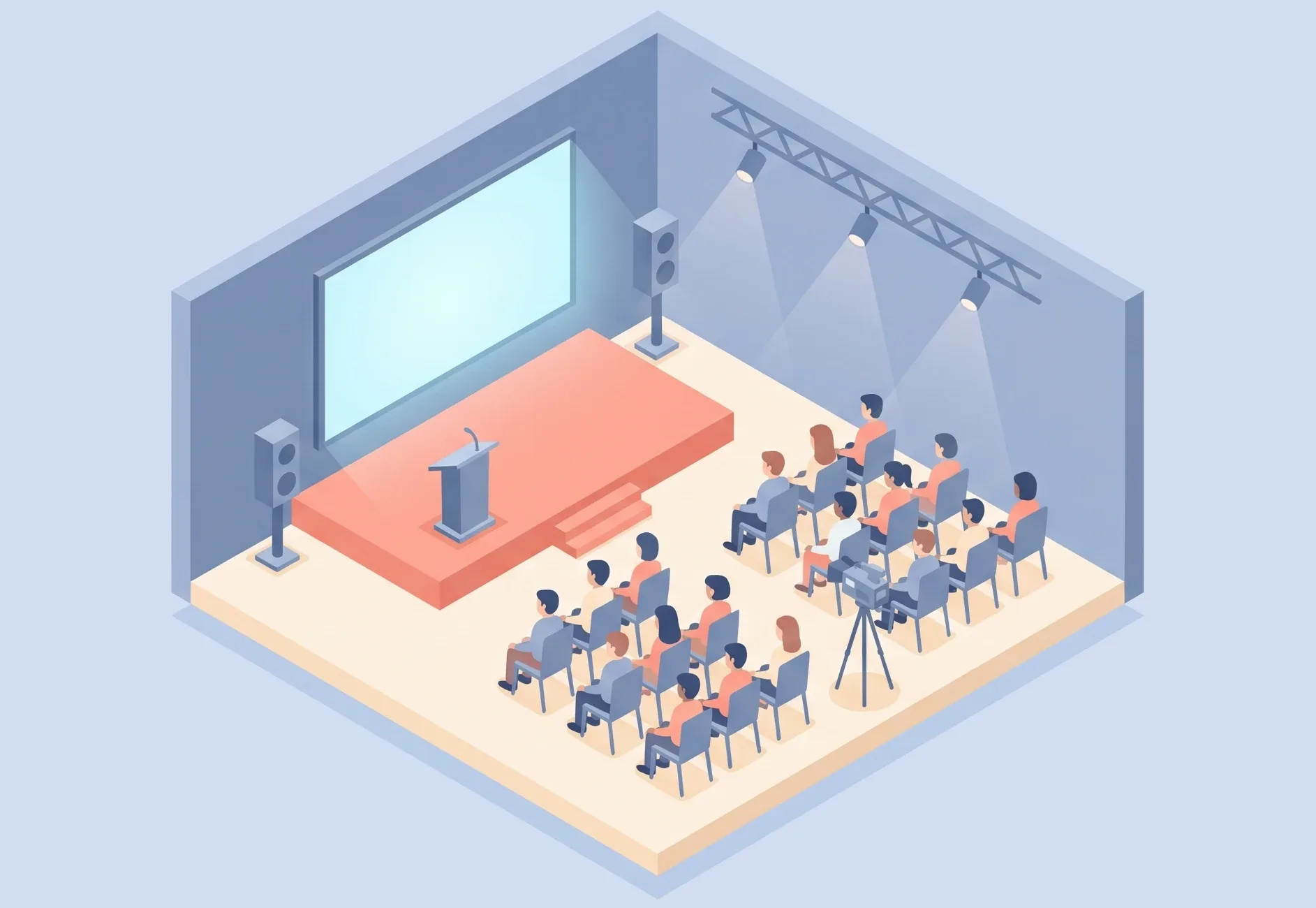 Illustration of an event space: a stage with a lectern and a large screen, speakers and stage lights, an audience in rows and a camera on a tripod.