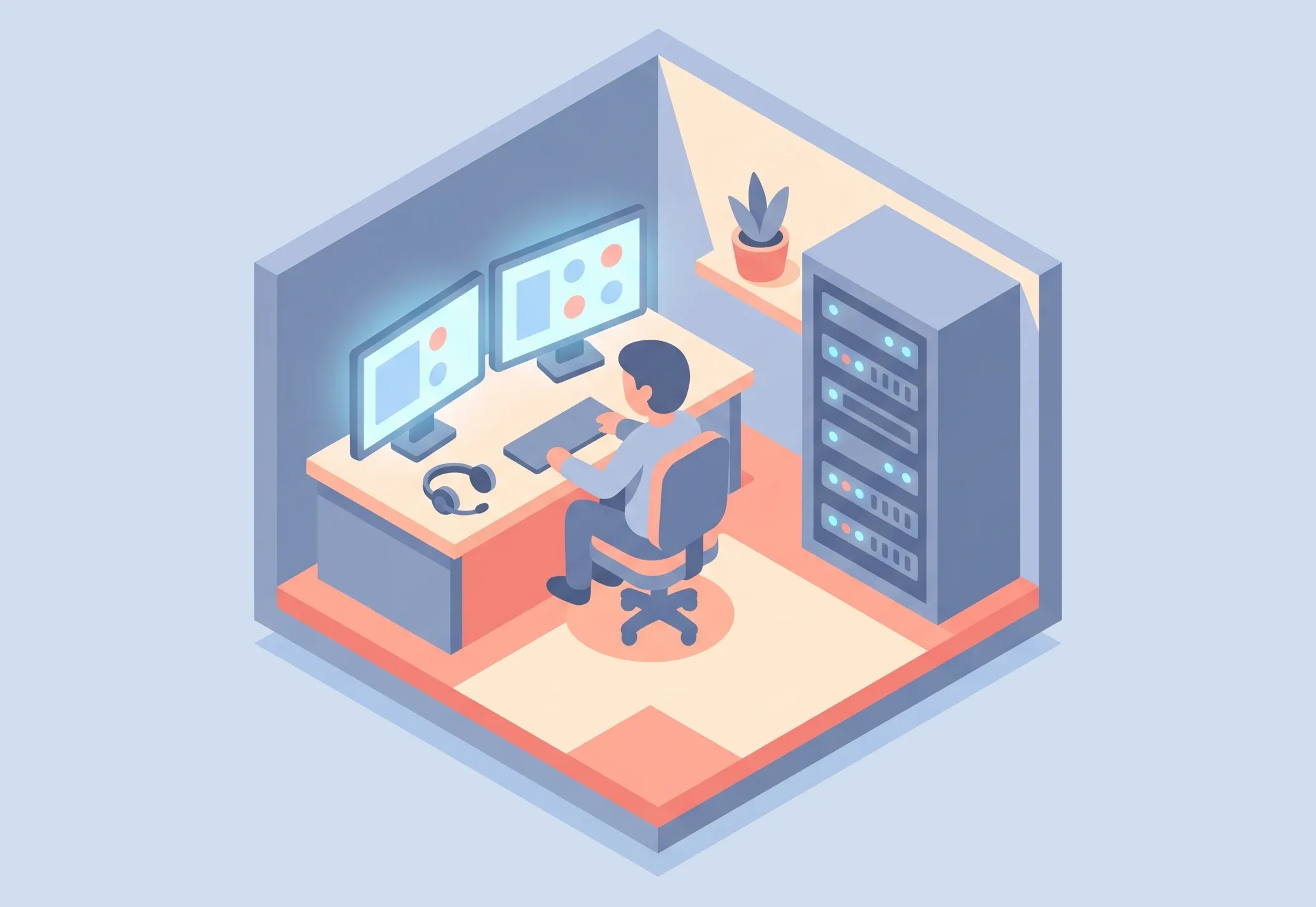 Illustration of a support desk: a technician at two monitors showing system status beside an equipment rack with indicator lights.