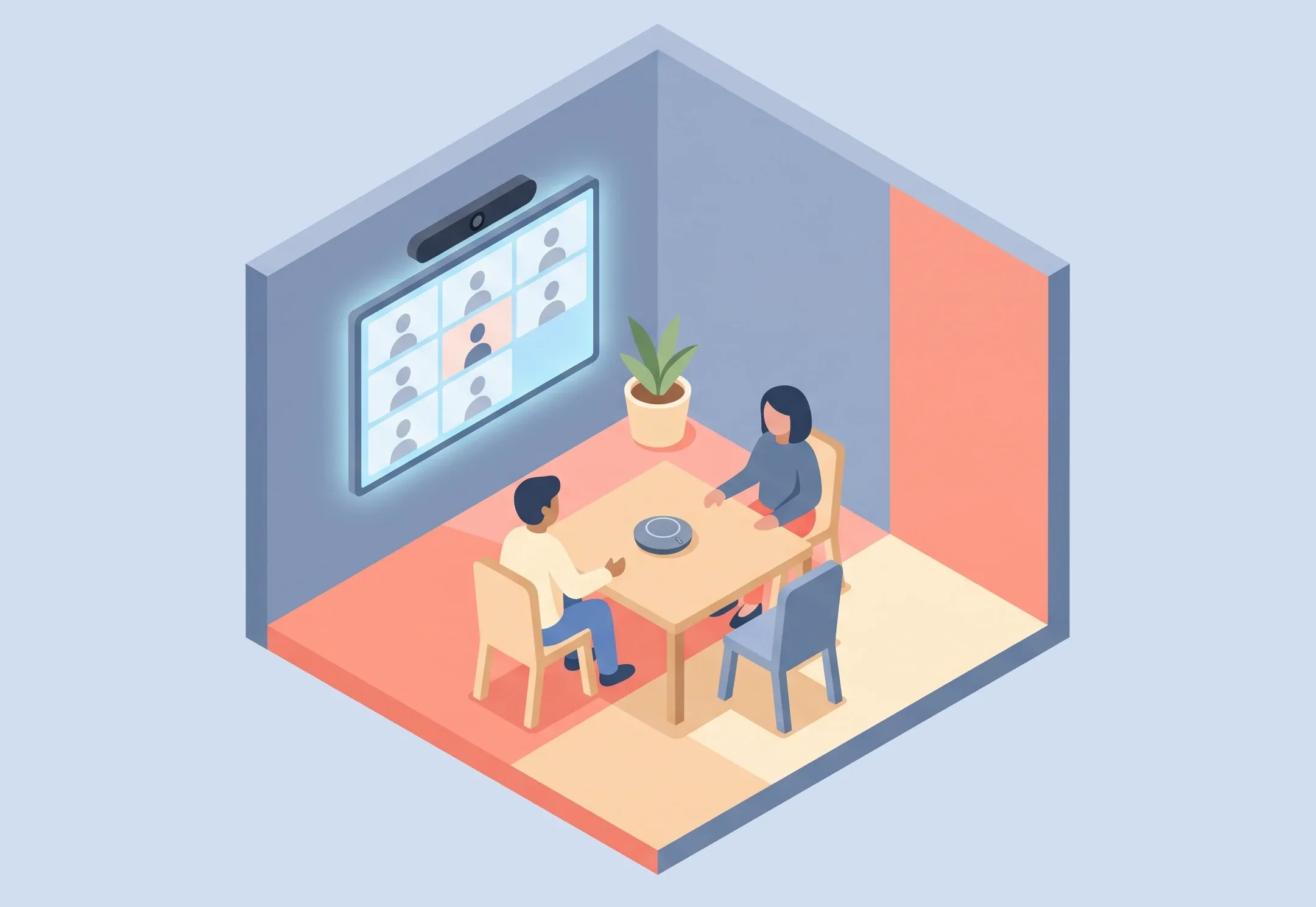 Illustration of a hybrid huddle room: two people at a small table with a microphone puck, facing a wall display with remote colleagues and a camera bar above it.