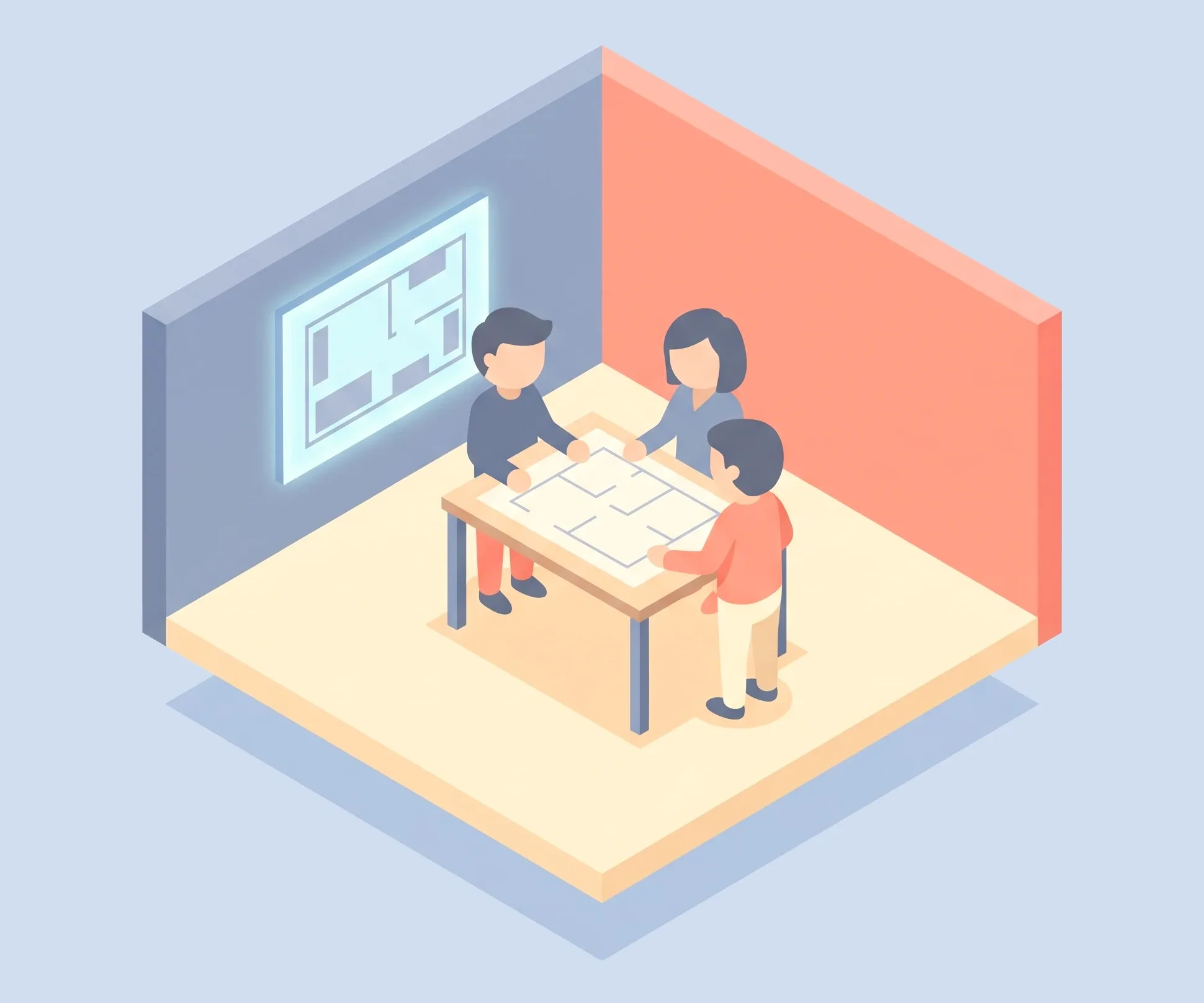 Illustration: three people review a floor plan at a table beside a wall display.