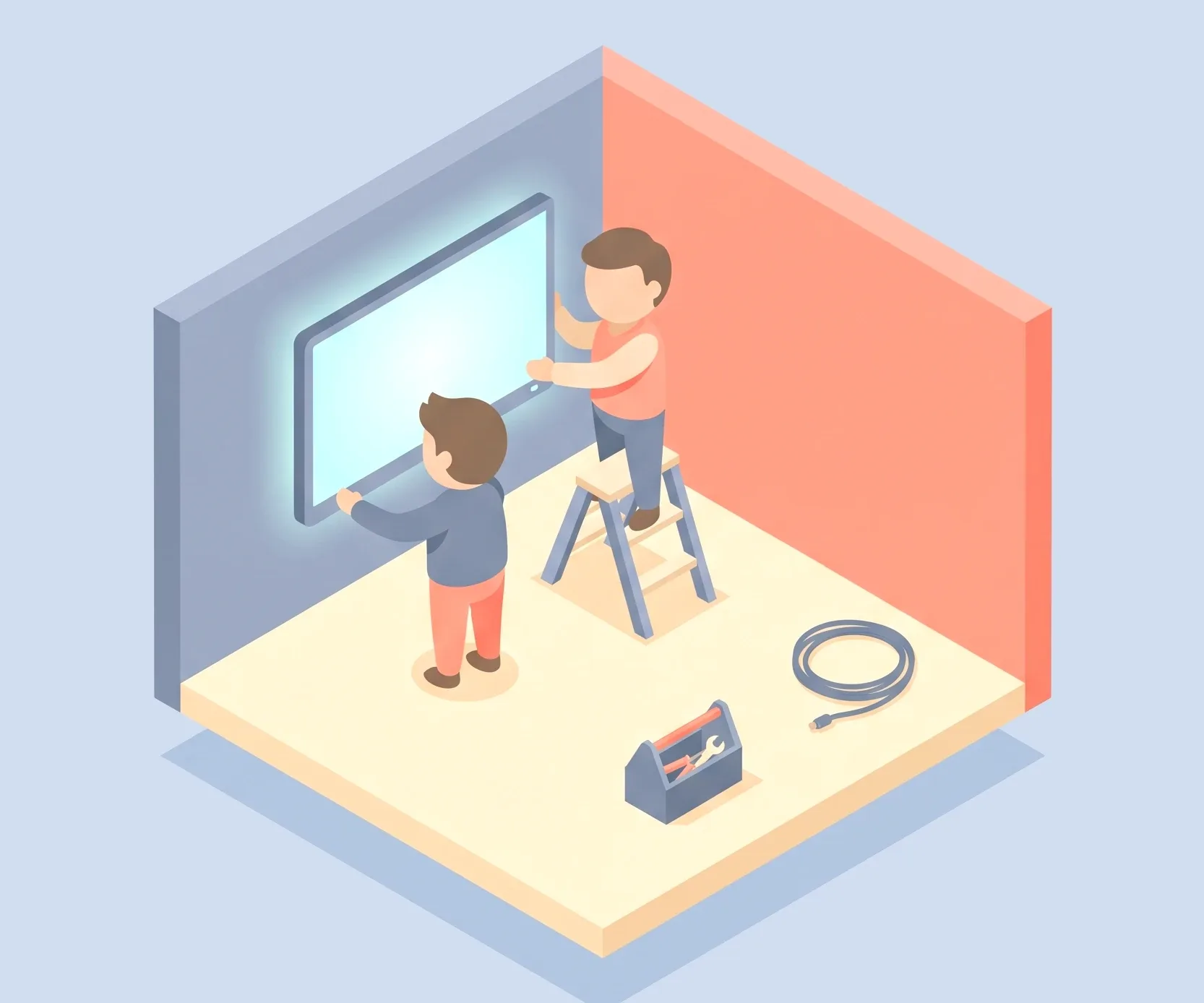 Illustration: two installers mount a large display on a wall, one on a step ladder.