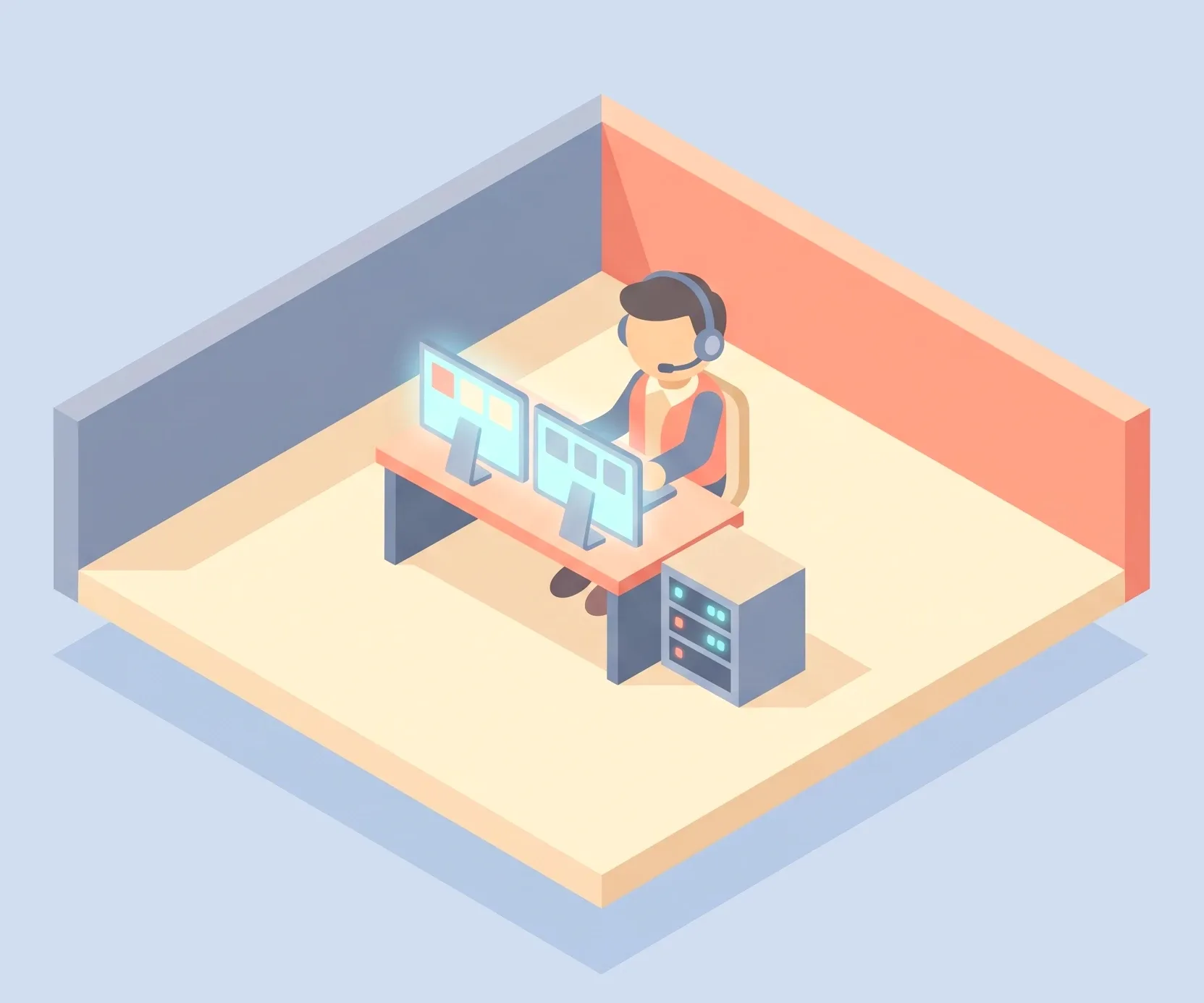 Illustration: a support technician with a headset at two monitors beside a small equipment rack.
