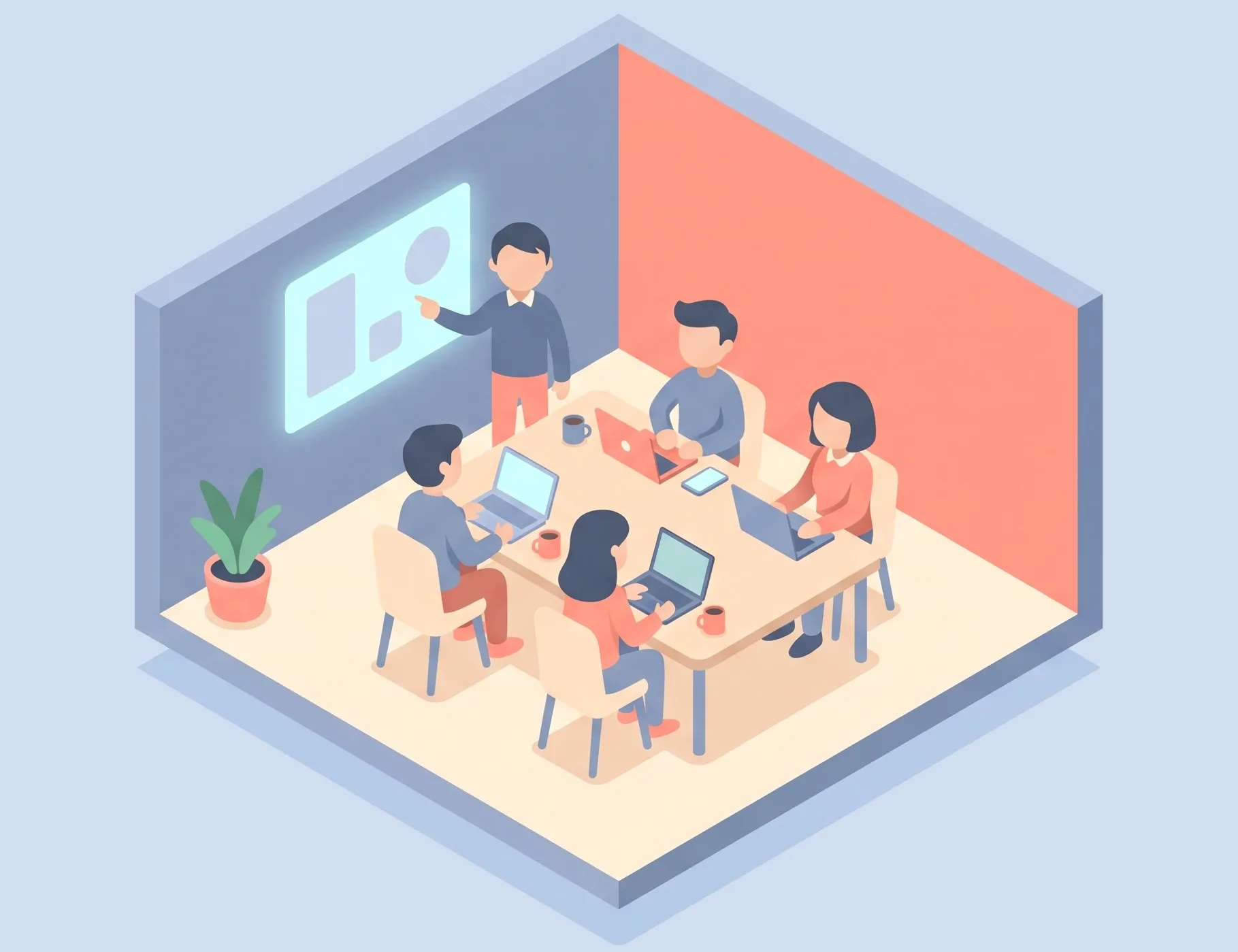 Illustration: a team works together around a table while one person points to a wall display.