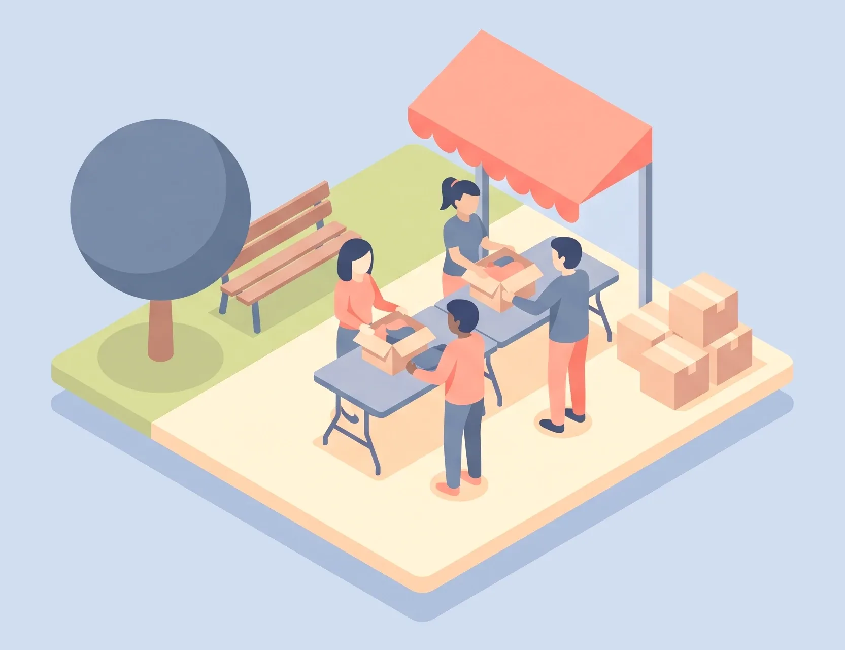 Illustration: volunteers pack donation boxes at a table under an awning in a park.